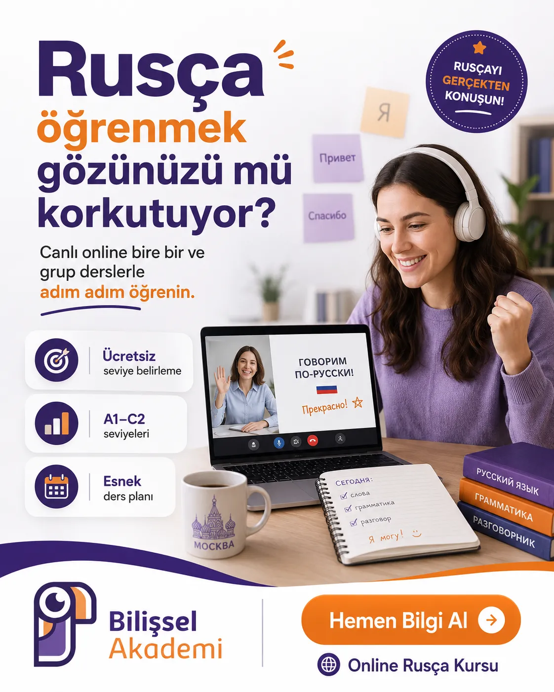 Online Rusça Kursu: A1–C2 Bire Bir ve Grup Canlı Eğitim
