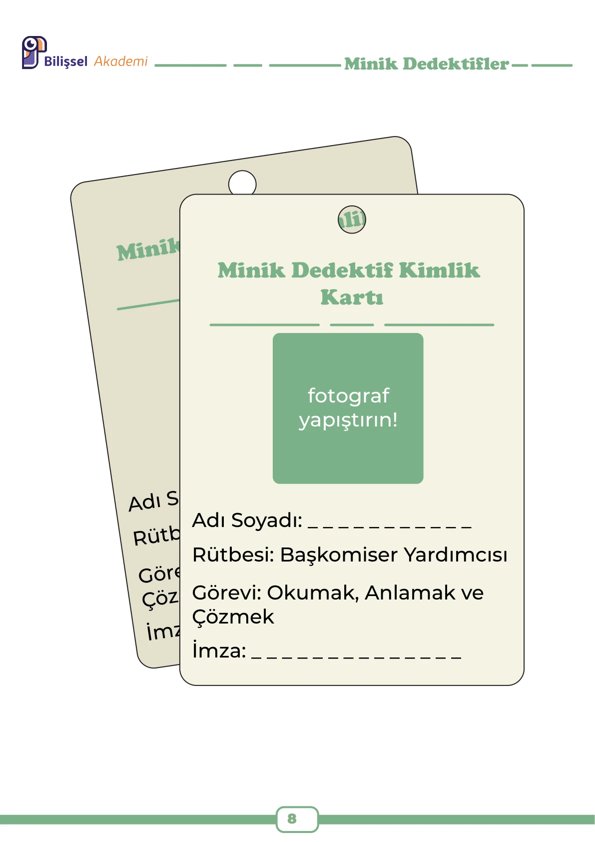 Minik Dedektifler birinci cilt kimlik kartı etkinliği