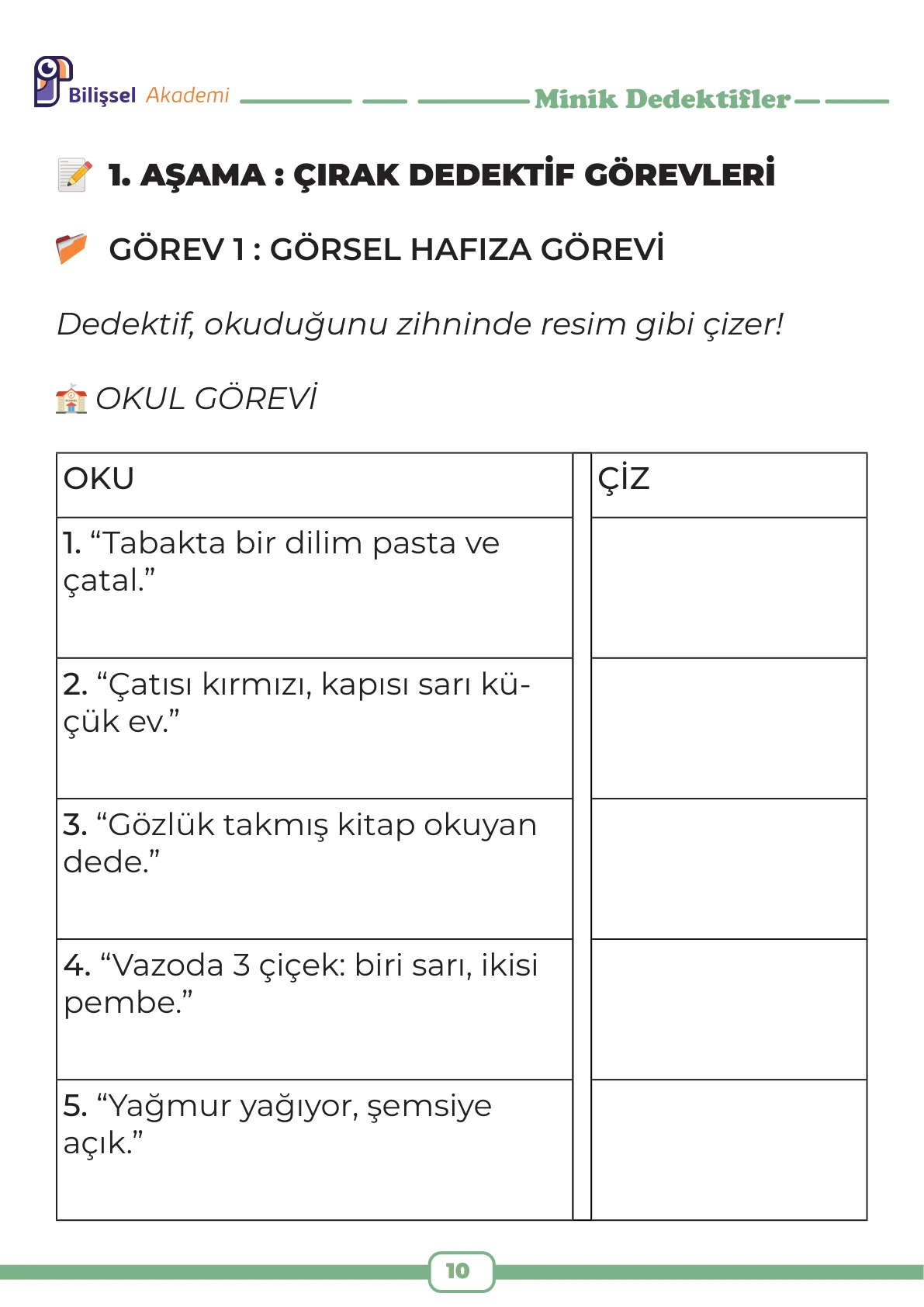 Minik Dedektifler görsel hafıza görevi örnek sayfası