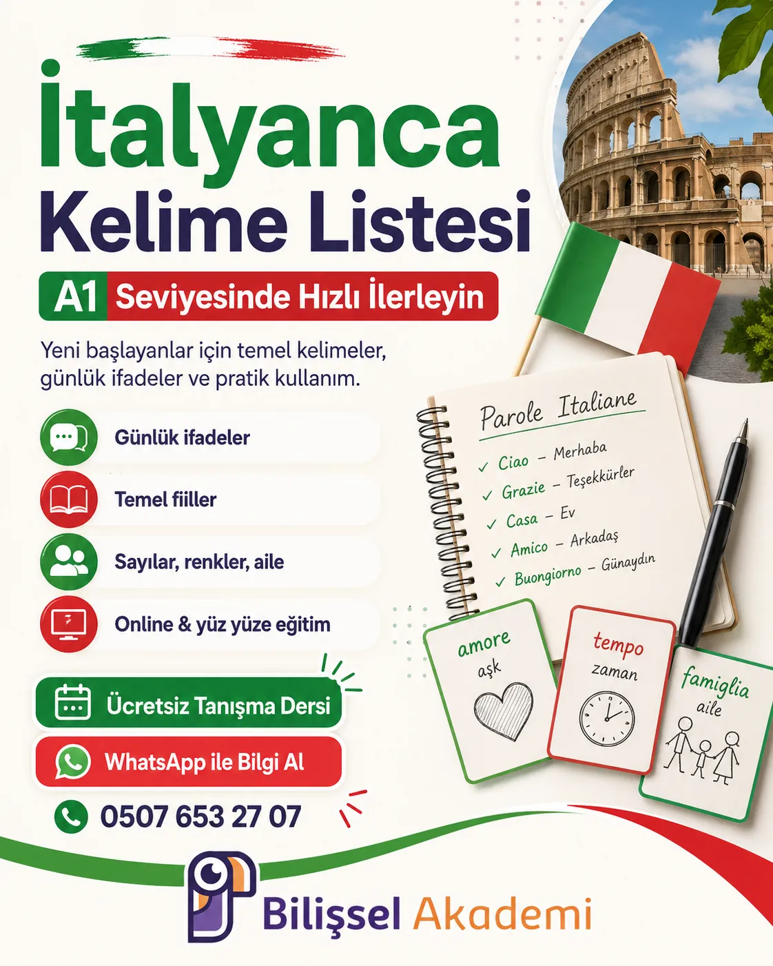 İtalyanca Kelime Listesi A1 | Yeni Başlayanlar İçin Temel Kelimeler